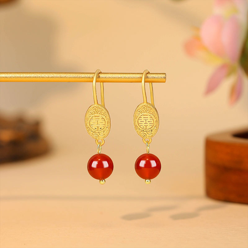 Earrings - Brincos de Jade Vermelho Natural, Talismãs,