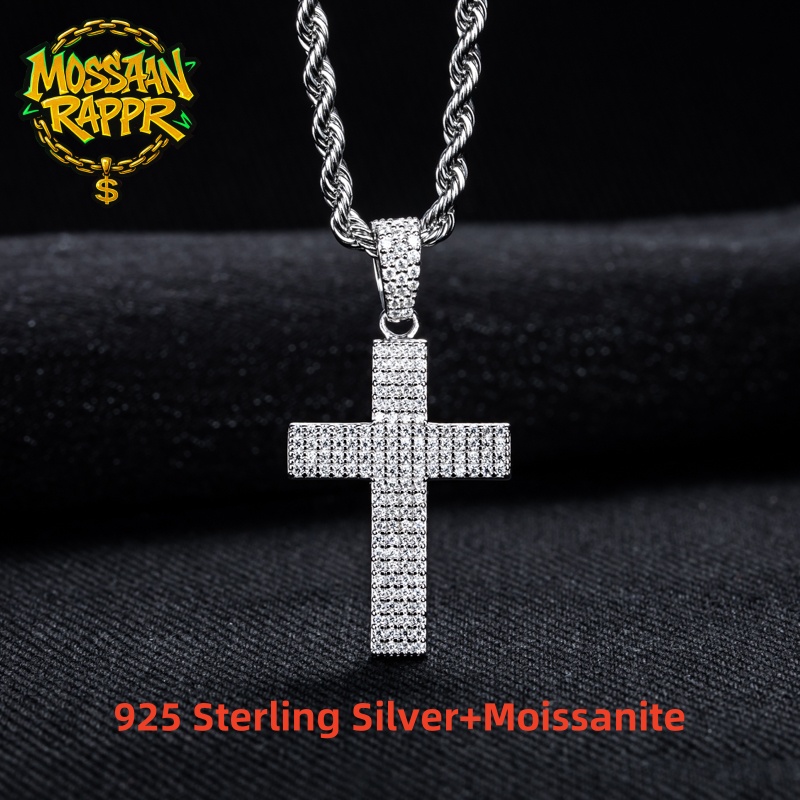 925 Sterling Silver Chain Necklace Men - MossanRappr Moissanite Bling Cruz Pingente Gelado