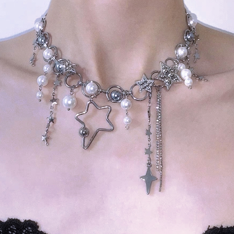 Pearl Choker Necklace Vintage - Y2k jóias pérola emenda estrela correntes